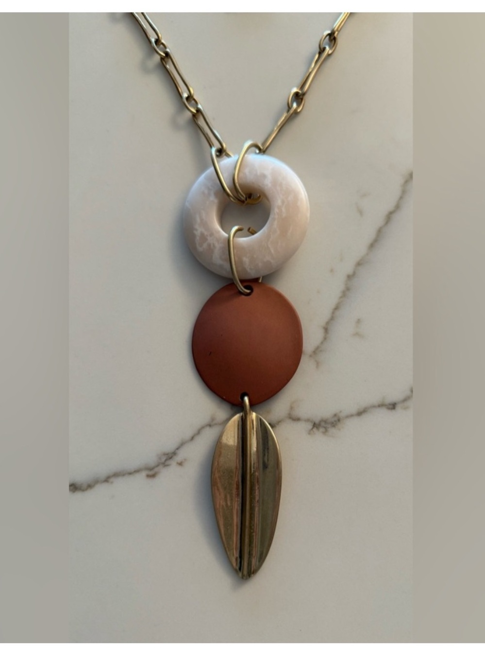 NWT Robert Lee Morris Gold Tone Paper-Clip Necklace &Triple Pendant Warm Colors